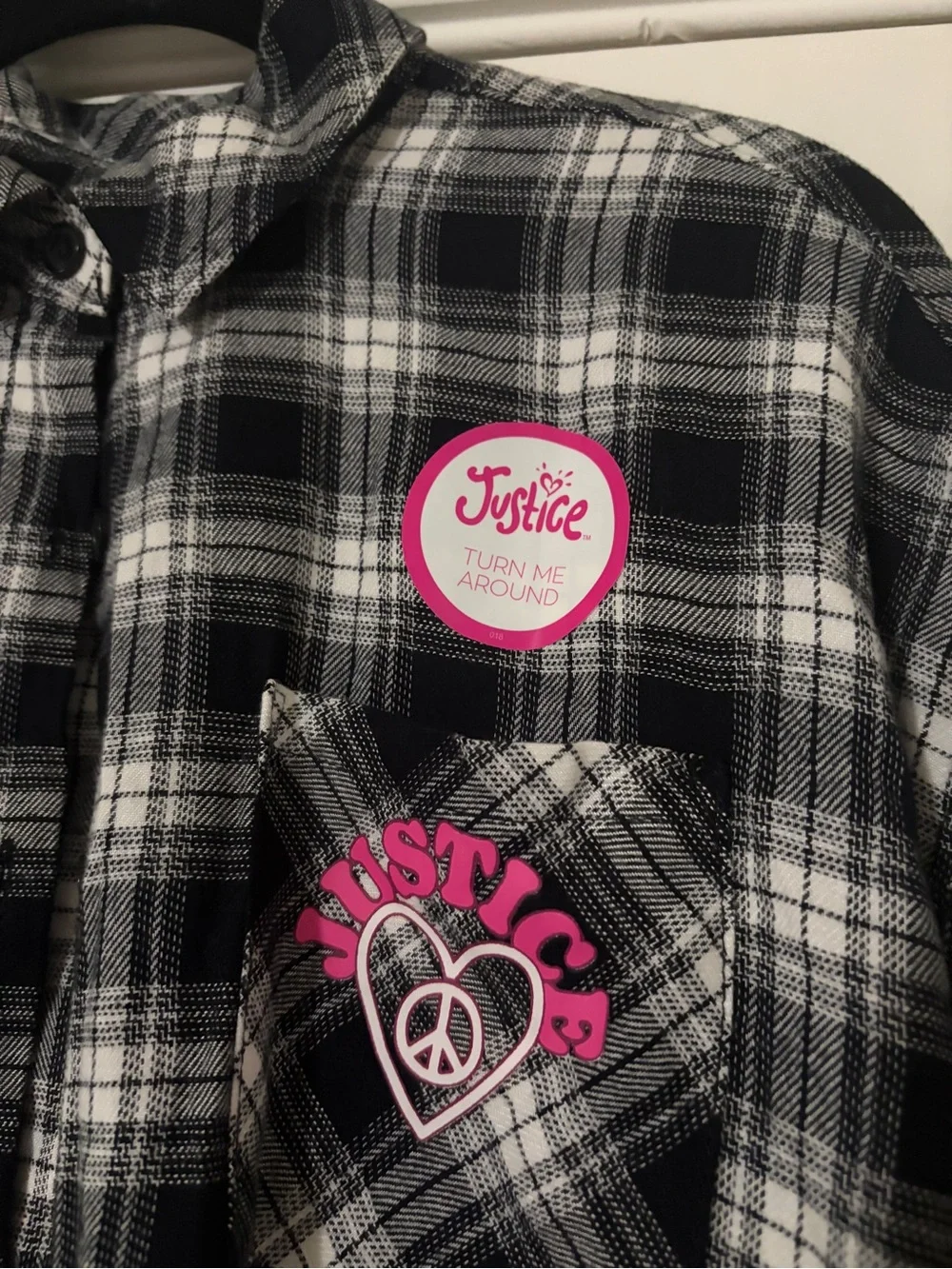 Justice Black & White Plaid Button-Down Shirt with Pink Logo Patches